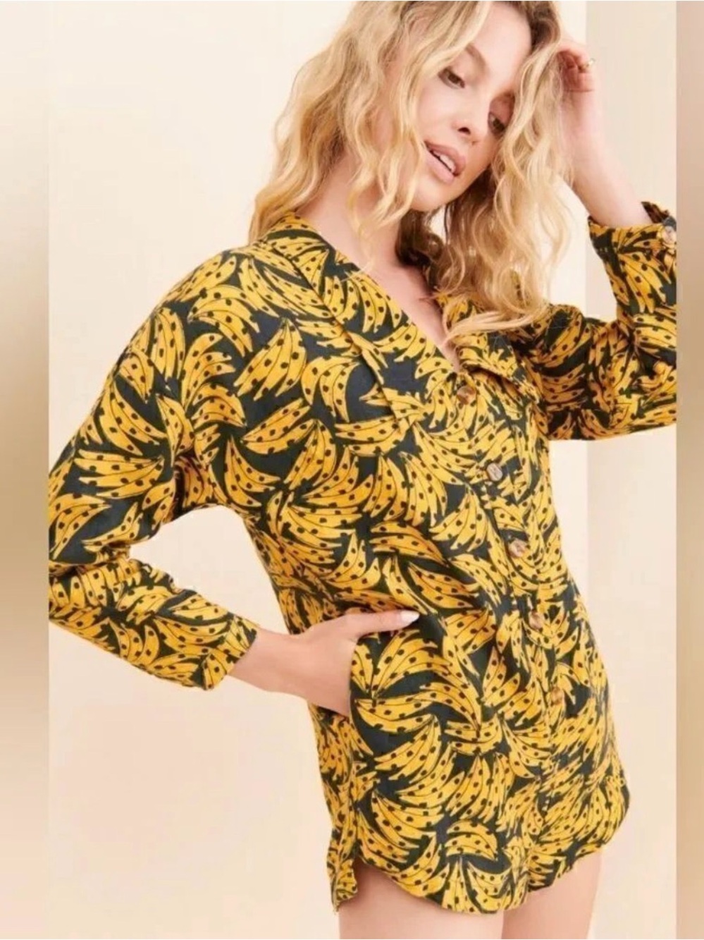 Farm Rio Linen Yellow Banana-Print Button-Up Romper R15 - Picture 2 of 7